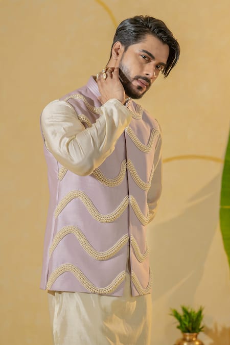 Runit Gupta_Purple Chanderi Silk Embroidered Pearl Lilac Bundi _Online_at_Aza_Fashions