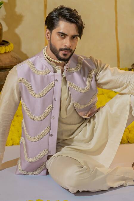 Buy_Runit Gupta_Purple Chanderi Silk Embroidered Pearl Lilac Bundi _Online_at_Aza_Fashions