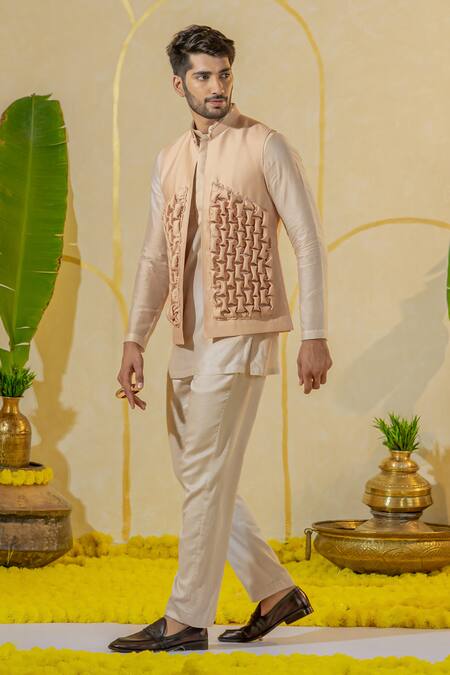 Shop_Runit Gupta_Ivory Chanderi Silk Plain Kurta And Pant Set _at_Aza_Fashions