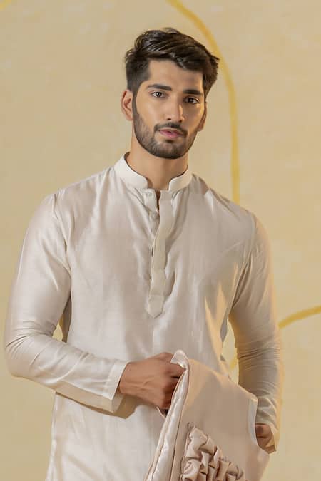 Shop_Runit Gupta_Ivory Chanderi Silk Plain Kurta And Pant Set _Online_at_Aza_Fashions