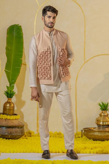Shop_Runit Gupta_Peach Chanderi Silk Pink Smocked Textured Bundi Jacket _at_Aza_Fashions