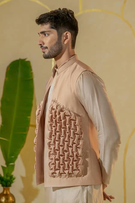 Runit Gupta_Peach Chanderi Silk Pink Smocked Textured Bundi Jacket _Online_at_Aza_Fashions