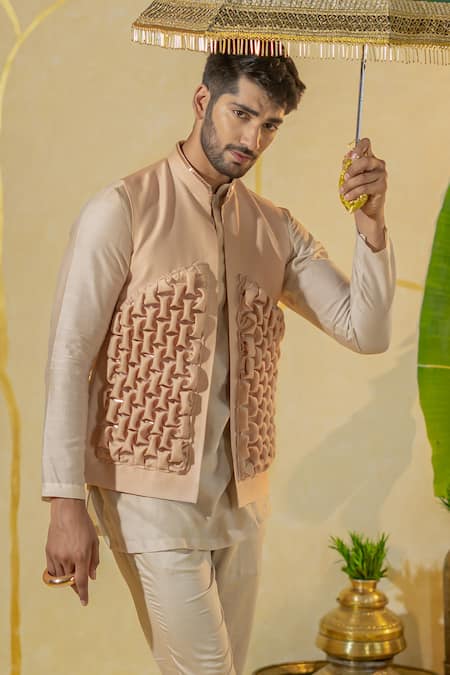 Buy_Runit Gupta_Peach Chanderi Silk Pink Smocked Textured Bundi Jacket _Online_at_Aza_Fashions