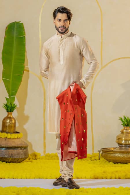 Shop Runit Gupta Off White Chanderi Silk Plain Buttoned Placket Kurta And Churidar Set at Aza Fashions Shop_Runit Gupta_Off White Chanderi Silk Plain Buttoned Placket Kurta And Churidar Set _at_Aza_Fashions