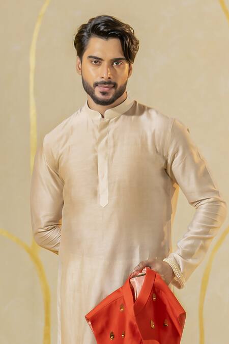 Runit Gupta Off White Chanderi Silk Plain Buttoned Placket Kurta And Churidar Set Online at Aza Fashions Runit Gupta_Off White Chanderi Silk Plain Buttoned Placket Kurta And Churidar Set _Online_at_Aza_Fashions
