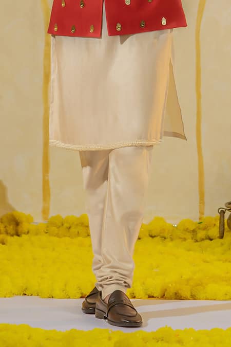 Buy Runit Gupta Off White Chanderi Silk Plain Buttoned Placket Kurta And Churidar Set Online at Aza Fashions Buy_Runit Gupta_Off White Chanderi Silk Plain Buttoned Placket Kurta And Churidar Set _Online_at_Aza_Fashions