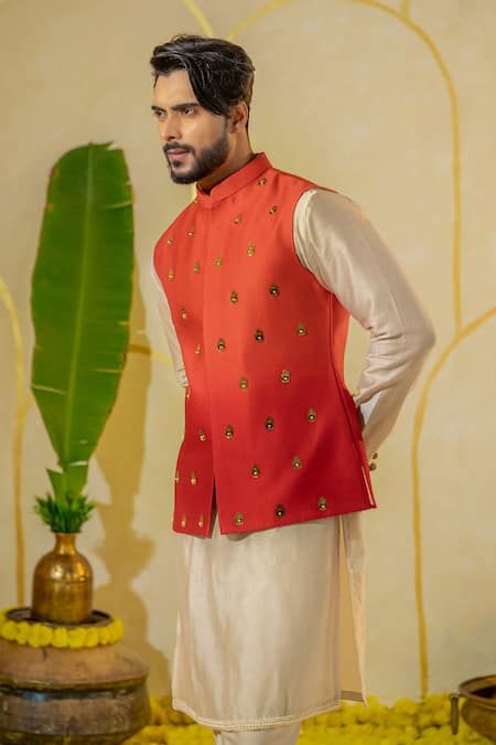 Shop Runit Gupta Off White Chanderi Silk Plain Buttoned Placket Kurta And Churidar Set Online at Aza Fashions Shop_Runit Gupta_Off White Chanderi Silk Plain Buttoned Placket Kurta And Churidar Set _Online_at_Aza_Fashions