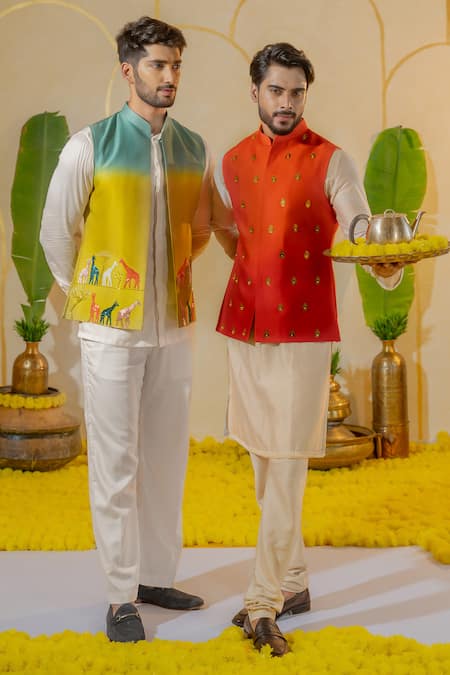 Runit Gupta Off White Chanderi Silk Plain Buttoned Placket Kurta And Churidar Set at Aza Fashions Runit Gupta_Off White Chanderi Silk Plain Buttoned Placket Kurta And Churidar Set _at_Aza_Fashions