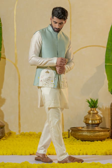 Runit Gupta Blue Chanderi Silk Embroidered Mirror Cow And Lotus Motif Bundi Online at Aza Fashions Runit Gupta_Blue Chanderi Silk Embroidered Mirror Cow And Lotus Motif Bundi _Online_at_Aza_Fashions