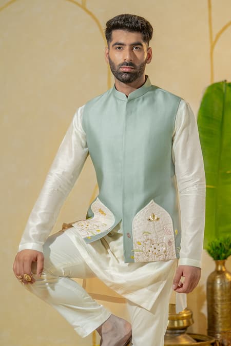 Buy Runit Gupta Blue Chanderi Silk Embroidered Mirror Cow And Lotus Motif Bundi Online at Aza Fashions Buy_Runit Gupta_Blue Chanderi Silk Embroidered Mirror Cow And Lotus Motif Bundi _Online_at_Aza_Fashions