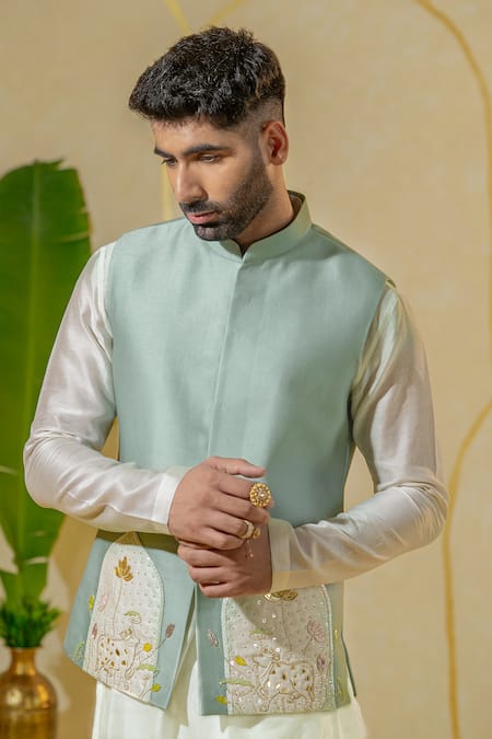 Shop Runit Gupta Blue Chanderi Silk Embroidered Mirror Cow And Lotus Motif Bundi Online at Aza Fashions Shop_Runit Gupta_Blue Chanderi Silk Embroidered Mirror Cow And Lotus Motif Bundi _Online_at_Aza_Fashions