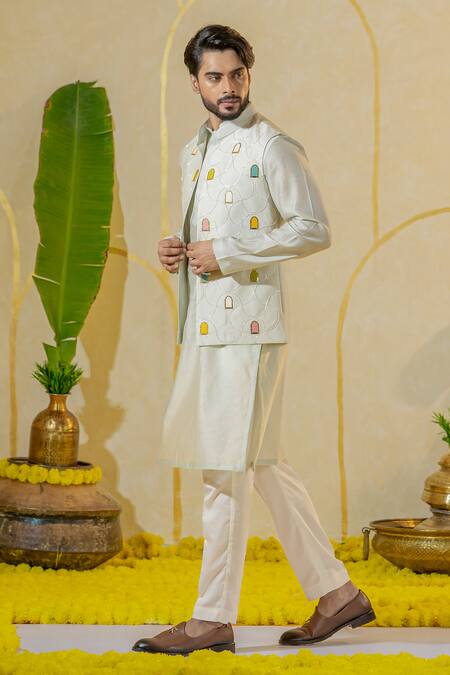 Runit Gupta_Blue Chanderi Silk Embroidered Mirror Mint Applique Bundi _Online_at_Aza_Fashions