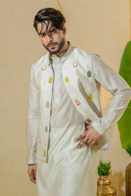 Buy_Runit Gupta_Blue Chanderi Silk Embroidered Mirror Mint Applique Bundi _Online_at_Aza_Fashions