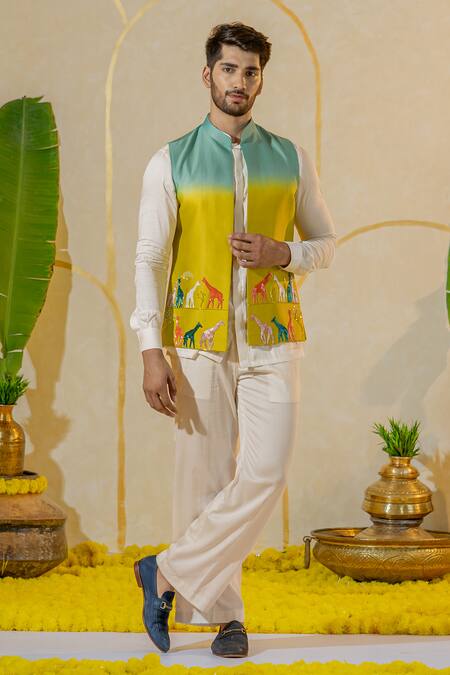 Shop_Runit Gupta_Blue Chanderi Silk Embroidered Thread Giraffe Bundi _at_Aza_Fashions
