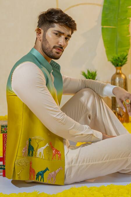 Buy_Runit Gupta_Blue Chanderi Silk Embroidered Thread Giraffe Bundi _Online_at_Aza_Fashions
