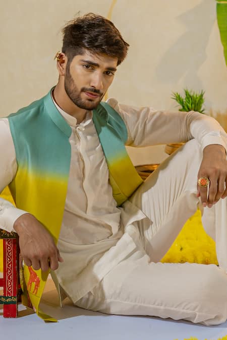 Shop_Runit Gupta_Blue Chanderi Silk Embroidered Thread Giraffe Bundi _Online_at_Aza_Fashions