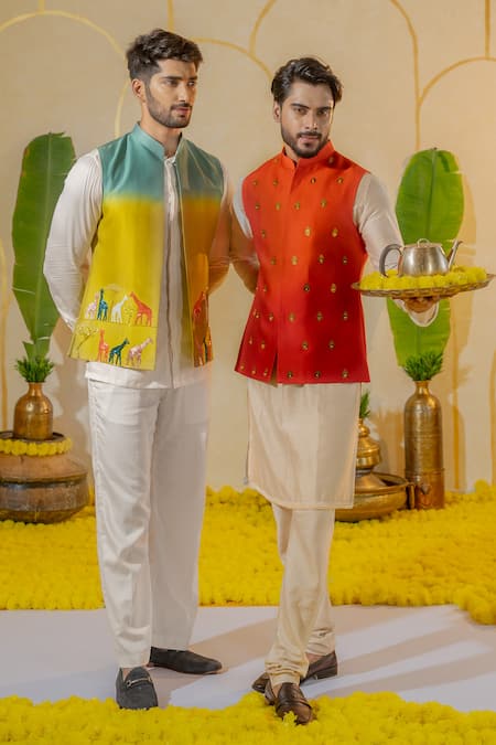 Runit Gupta_Blue Chanderi Silk Embroidered Thread Giraffe Bundi _at_Aza_Fashions
