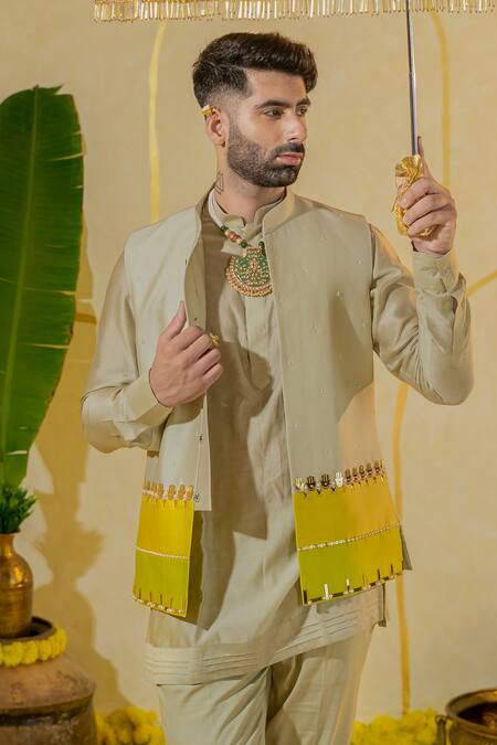 Shop_Runit Gupta_Brown Chanderi Silk Embroidered Hamsa Motif Bundi _Online_at_Aza_Fashions