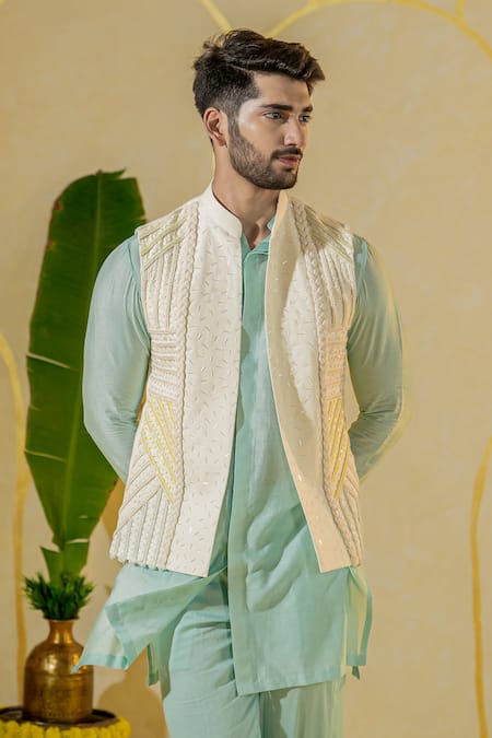 Runit Gupta Chita Embroidered Ivory Bundi 