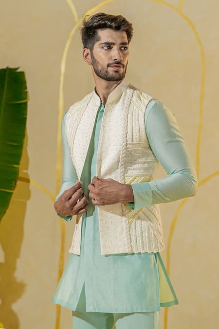 Runit Gupta Ivory Linen Cotton Embroidered Braided Dori Chita Bundi Online at Aza Fashions Runit Gupta_Ivory Linen Cotton Embroidered Braided Dori Chita Bundi _Online_at_Aza_Fashions