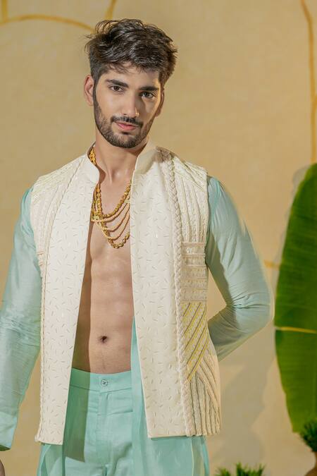 Shop Runit Gupta Ivory Linen Cotton Embroidered Braided Dori Chita Bundi Online at Aza Fashions Shop_Runit Gupta_Ivory Linen Cotton Embroidered Braided Dori Chita Bundi _Online_at_Aza_Fashions