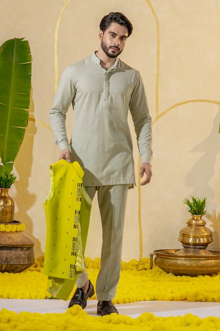 Shop Runit Gupta Green Linen Cotton Plain Kurta And Pant Set at Aza Fashions Shop_Runit Gupta_Green Linen Cotton Plain Kurta And Pant Set _at_Aza_Fashions