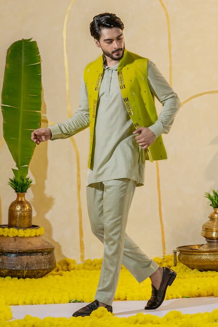 Runit Gupta Mirror Motif Embroidered Lime Green Bundi 