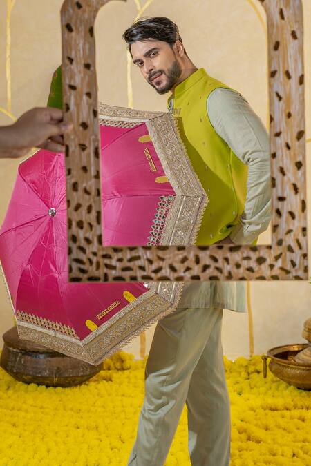 Shop Runit Gupta Green Linen Cotton Embroidered Mirror Motif Lime Bundi Online at Aza Fashions Shop_Runit Gupta_Green Linen Cotton Embroidered Mirror Motif Lime Bundi _Online_at_Aza_Fashions