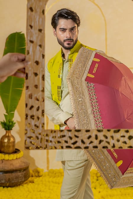 Runit Gupta Green Linen Cotton Embroidered Mirror Motif Lime Bundi at Aza Fashions Runit Gupta_Green Linen Cotton Embroidered Mirror Motif Lime Bundi _at_Aza_Fashions