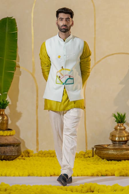 Runit Gupta Green Chanderi Silk Plain Short Kurta And Pant Set 