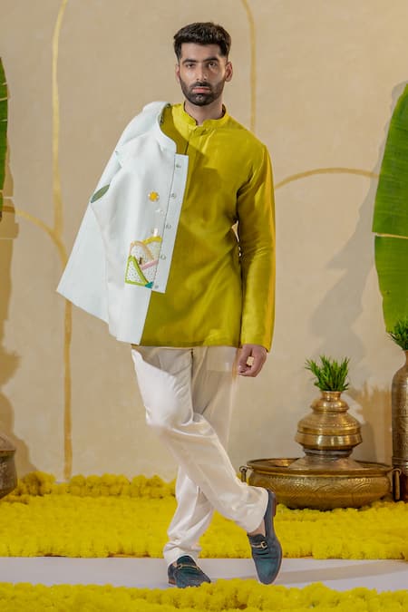 Runit Gupta Chanderi Silk Plain Short Kurta & Pant Set 