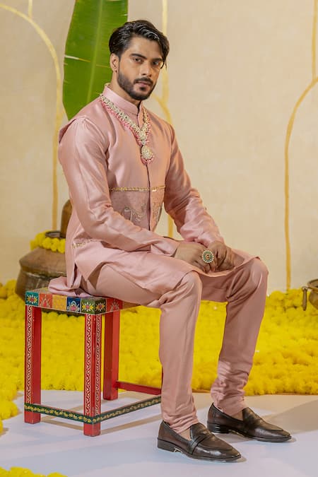 Runit Gupta_Pink Chanderi Silk Embroidered Bead Mosaic Bundi _Online_at_Aza_Fashions