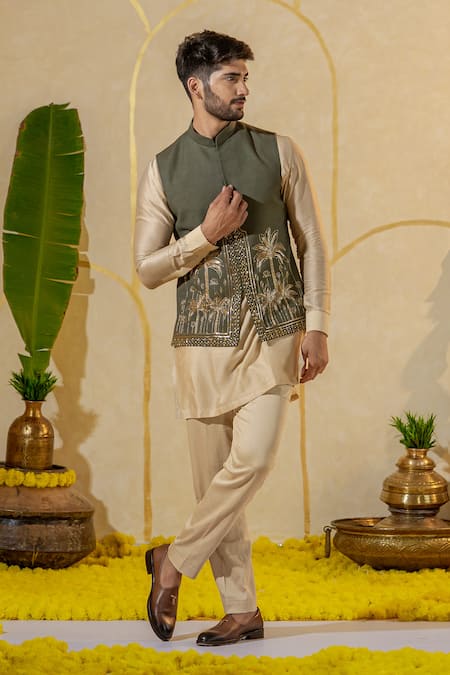 Runit Gupta Gold Chanderi Silk Plain Straight Kurt And Pant Set 