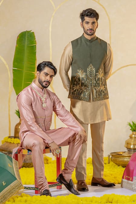 Runit Gupta_Gold Chanderi Silk, Velvet Plain Straight Kurt And Pant Set _Online_at_Aza_Fashions