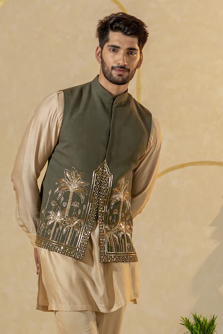 Runit Gupta_Gold Chanderi Silk, Velvet Plain Straight Kurt And Pant Set _at_Aza_Fashions