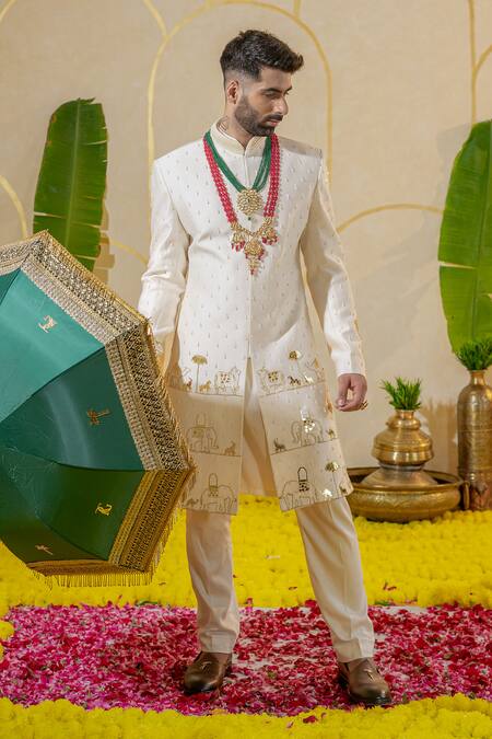 Shop_Runit Gupta_Ivory Chanderi Silk Embroidered Dabka Sherwani Pant Set _Online_at_Aza_Fashions