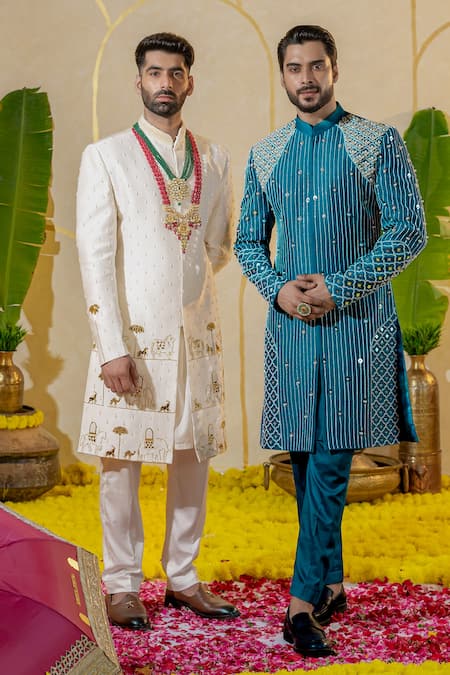 Runit Gupta_Ivory Chanderi Silk Embroidered Dabka Sherwani Pant Set _at_Aza_Fashions