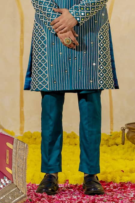Buy_Runit Gupta_Blue Chanderi Silk Pearls, Piping, Mirrors And Pipe Embroidered Sherwani Set _Online_at_Aza_Fashions