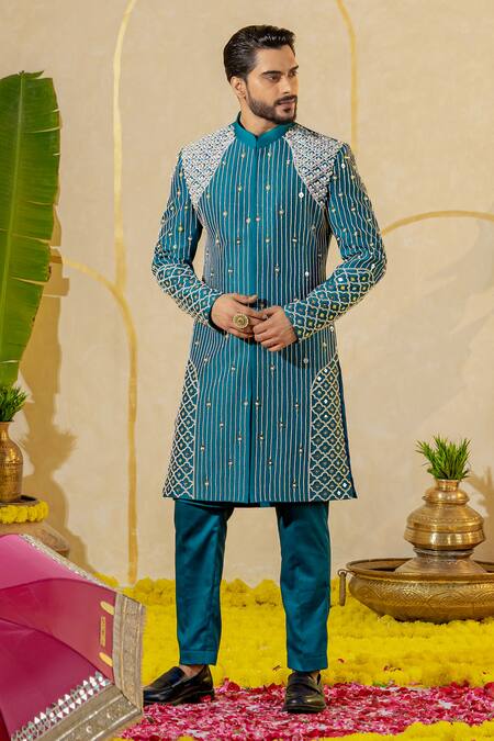 Shop_Runit Gupta_Blue Chanderi Silk Pearls, Piping, Mirrors And Pipe Embroidered Sherwani Set _Online_at_Aza_Fashions