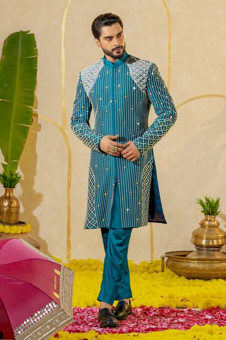 Runit Gupta_Blue Chanderi Silk Pearls, Piping, Mirrors And Pipe Embroidered Sherwani Set _at_Aza_Fashions