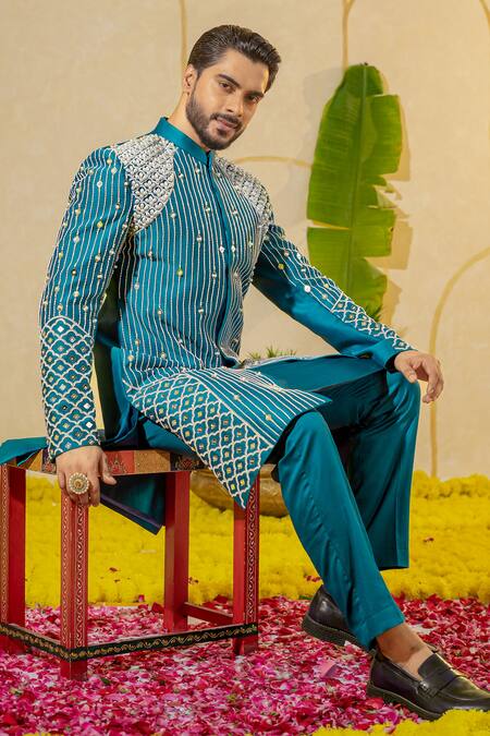 Buy_Runit Gupta_Blue Chanderi Silk Pearls, Piping, Mirrors And Pipe Embroidered Sherwani Set 