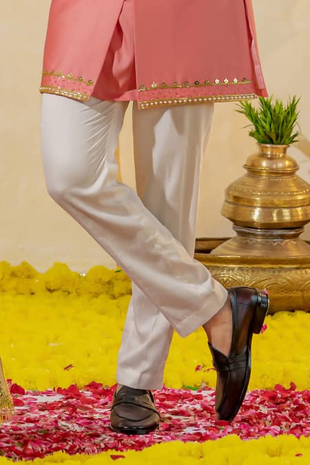 Runit Gupta_Pink Chanderi Silk Embroidered Cutpipe Short Sherwani And Pant Set _Online_at_Aza_Fashions