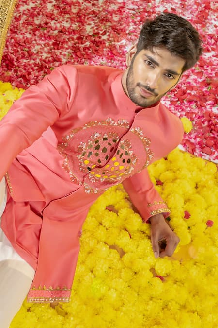 Buy_Runit Gupta_Pink Chanderi Silk Embroidered Cutpipe Short Sherwani And Pant Set 