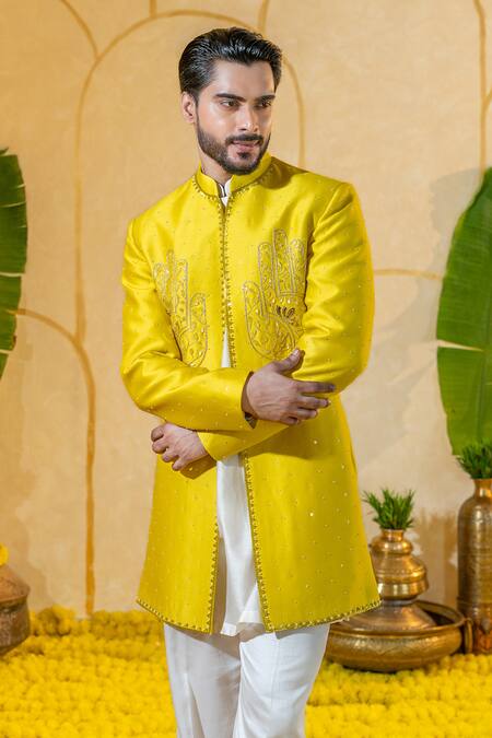 Shop_Runit Gupta_Yellow Chanderi Silk Embroidered Dabka And Thread Sherwani Set _Online_at_Aza_Fashions