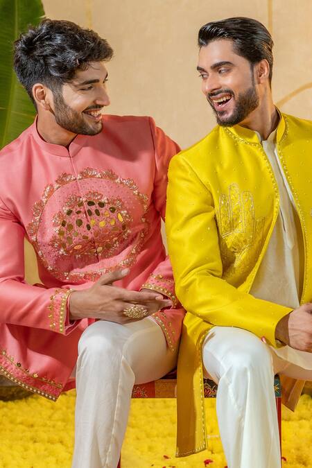 Runit Gupta_Yellow Chanderi Silk Embroidered Dabka And Thread Sherwani Set _at_Aza_Fashions