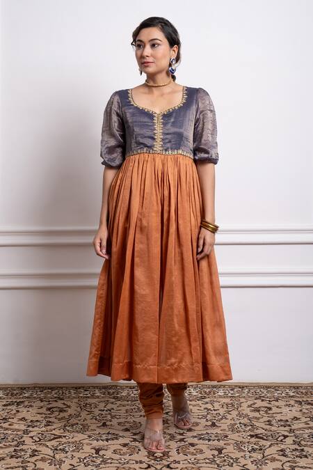 Vinusto Brown Cotton, Chanderi Embroidery Handwoven Zari Yoke Anarkali With Churidar 