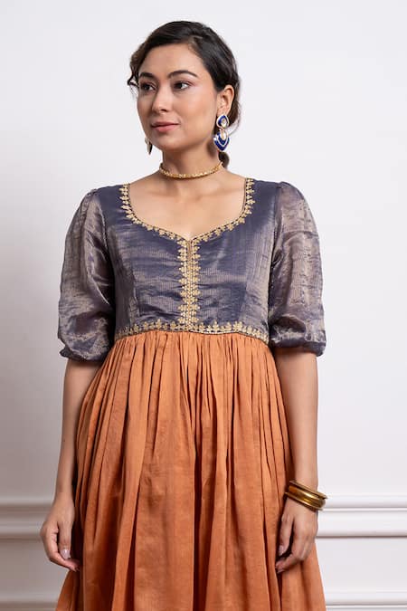Vinusto Brown Cotton, Chanderi Embroidery Handwoven Zari Yoke Anarkali With Churidar Online at Aza Fashions Vinusto_Brown Cotton, Chanderi Embroidery Handwoven Zari Yoke Anarkali With Churidar _Online_at_Aza_Fashions