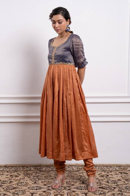 Shop Vinusto Brown Cotton, Chanderi Embroidery Handwoven Zari Yoke Anarkali With Churidar Online at Aza Fashions Shop_Vinusto_Brown Cotton, Chanderi Embroidery Handwoven Zari Yoke Anarkali With Churidar _Online_at_Aza_Fashions