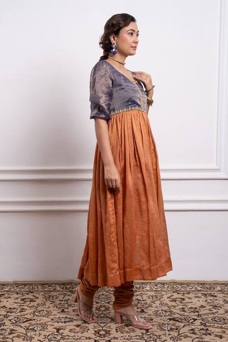 Vinusto Brown Cotton, Chanderi Embroidery Handwoven Zari Yoke Anarkali With Churidar at Aza Fashions Vinusto_Brown Cotton, Chanderi Embroidery Handwoven Zari Yoke Anarkali With Churidar _at_Aza_Fashions