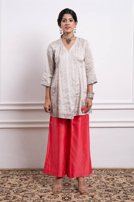 Vinusto_Pink Chanderi, Handloom Floral Zardosi Embroidered Short Angarkha And Palazzo Set _Online_at_Aza_Fashions